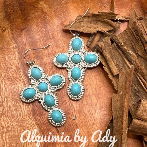 Turquoise and silver  cross western silver extra  long dangle  earrings - Picture 1 of 4